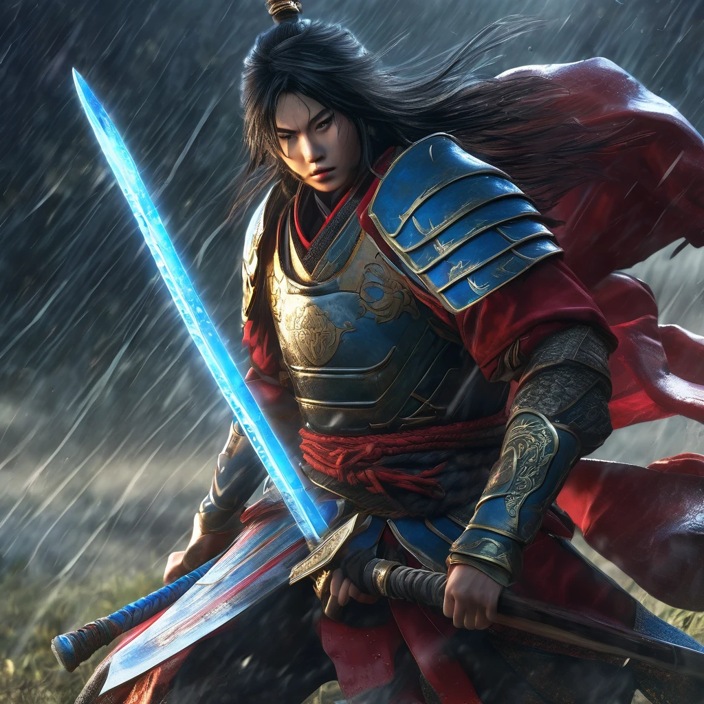 (best quality,4k,8k,highres,masterpiece:1.2),ultra-detailed,(realistic,photorealistic,photo-realistic:1.37),HDR,UHD,studio lighting,ultra-fine painting,sharp focus,physically-based rendering,extreme detail description,professional,vivid colors,bokeh,warrior,samurai,dressed for battle,lightning charged blue sword,dreary,rainy battlefield,stormy,heavy rain,strong wind,battle scars,worn armor,shiny armor,reflective armor,slashing motion,heroic pose,fierce expression,agile movement,thunderbolts,falling raindrops,splashing water,muddy ground,shattered trees,battle smoke,streaks of lightning,murky sky,misty fog,emblem on armor,ancient katana,rain-soaked cloak,thunderous clash