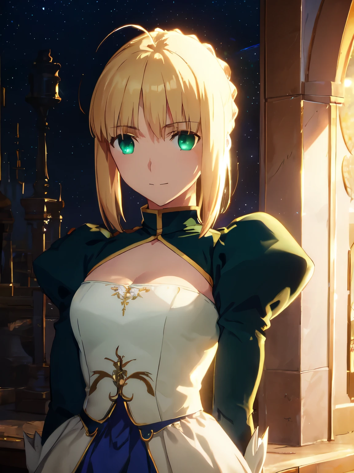 (masterpiece:1.4), (best quality:1.4), realistic, 1girl, artoria pendragon \(fate\), fair skin, large breast, night time, little ahoge, green eyes, blue wedding outfit, happy, blush, little smile, stand, in the park, face focus, from the front, looking at viewer, good pose, night time, close up view