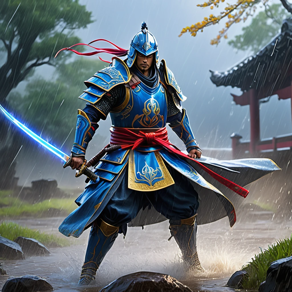 (best quality,4k,8k,highres,masterpiece:1.2),ultra-detailed,(realistic,photorealistic,photo-realistic:1.37),HDR,UHD,studio lighting,ultra-fine painting,sharp focus,physically-based rendering,extreme detail description,professional,vivid colors,bokeh,warrior,samurai,dressed for battle,lightning charged blue sword,dreary,rainy battlefield,stormy,heavy rain,strong wind,battle scars,worn armor,shiny armor,reflective armor,slashing motion,heroic pose,fierce expression,agile movement,thunderbolts,falling raindrops,splashing water,muddy ground,shattered trees,battle smoke,streaks of lightning,murky sky,misty fog,emblem on armor,ancient katana,rain-soaked cloak,thunderous clash