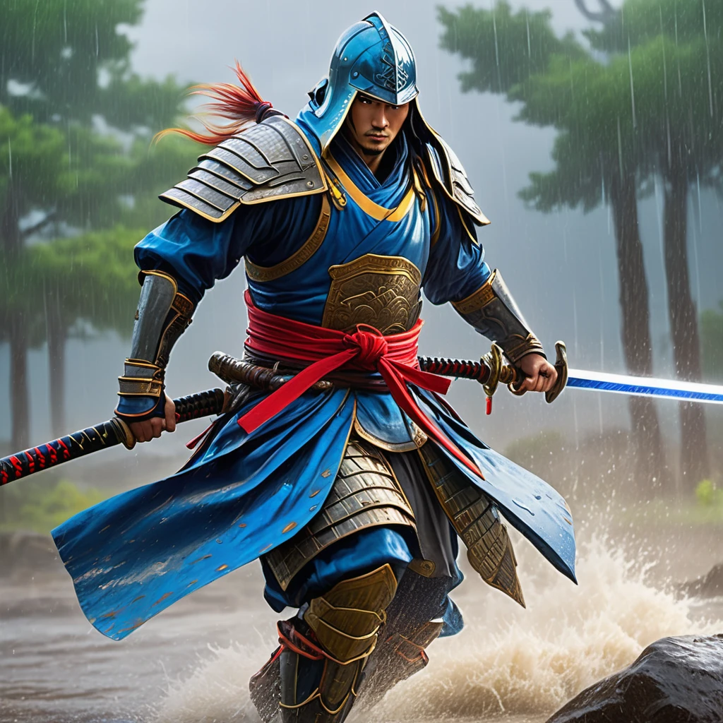 (best quality,4k,8k,highres,masterpiece:1.2),ultra-detailed,(realistic,photorealistic,photo-realistic:1.37),HDR,UHD,studio lighting,ultra-fine painting,sharp focus,physically-based rendering,extreme detail description,professional,vivid colors,bokeh,warrior,samurai,dressed for battle,lightning charged blue sword,dreary,rainy battlefield,stormy,heavy rain,strong wind,battle scars,worn armor,shiny armor,reflective armor,slashing motion,heroic pose,fierce expression,agile movement,thunderbolts,falling raindrops,splashing water,muddy ground,shattered trees,battle smoke,streaks of lightning,murky sky,misty fog,emblem on armor,ancient katana,rain-soaked cloak,thunderous clash