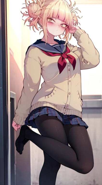Finest, masterpiece, high definition, (full body), frontal, symmetrical, mature high school girl, solo, (full body from head to toe), small breasts, long hair, slightly messy hair, (black tights), ( (black pantyhose), black pantyhose, composition showing white panties, slender beautiful legs, a very beautiful 17-year-old girl (not wearing shoes) legs), blushing, shy big eyes, messy hair, looking at camera, showing white panties, white frilly lingerie, high blazer, high White blouse, high with blue ribbon, high with short plaid pattern and navy pleated skirt