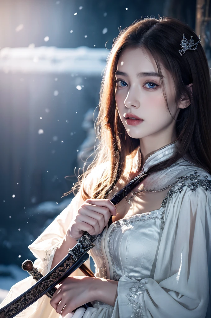 ( masterpiece, top quality, best quality,8k,17 years old girl,ultra detailed,raw photo:1.5),(photorealistic:1.4),(cinematic lighting), PerfectNwsjMajic, , Surrealism, UHD, ccurate, Super detail, textured skin, High detail, Best quality, dynamic angle, (high nose,White skin),[Beautiful blue eyes],[flat chest:large breasts:0.5],(1girl),(good anatomy:0.5)), of a woman in a dress with a sword, a beautiful fantasy empress, ((a beautiful fantasy empress)), beautiful fantasy maiden,snow