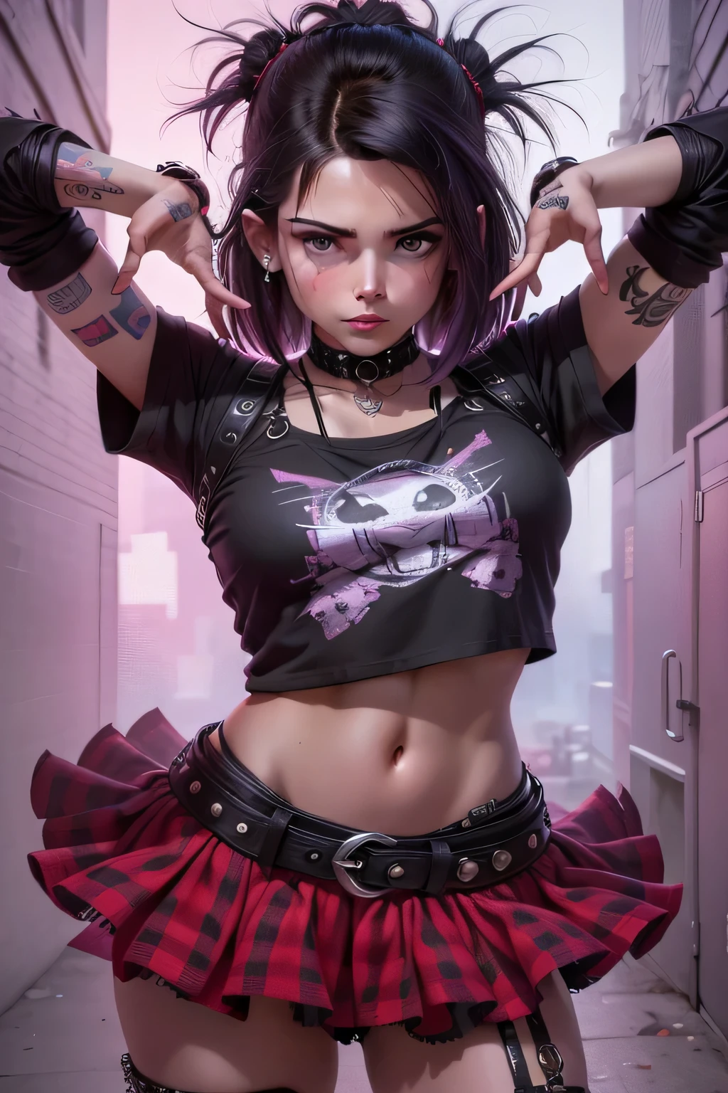 ((Mckenna Grace)) con falda y camisa con el pelo puntiagudo., vestido con ropa punk, vestido con ropa crustpunk, wearing a traje punk, traje punk, vistiendo ropa punk, Chica gato atractiva, traje estilo cyberpunk, cyberpunk 2 0 years. o model girl, cybertraje punk, chica punk, ropa punk rock, retrato seductor de tifa lockhart, muy hermosa top model gotica