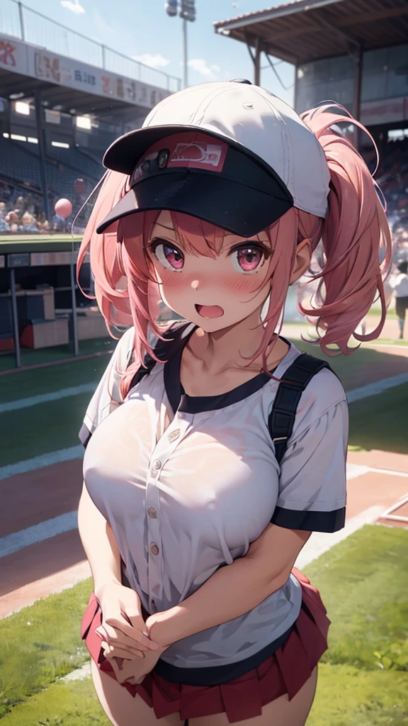 mastute piece,Best Quality,insanely detailed,8k cg,
shoot upper body,
1girl,standing,body in front,looking at viewer,(serafuku:1.3,baseball cap),
blush,shy,(trembling:1.2),pink hair,break,open mouth,large breast,stadium,