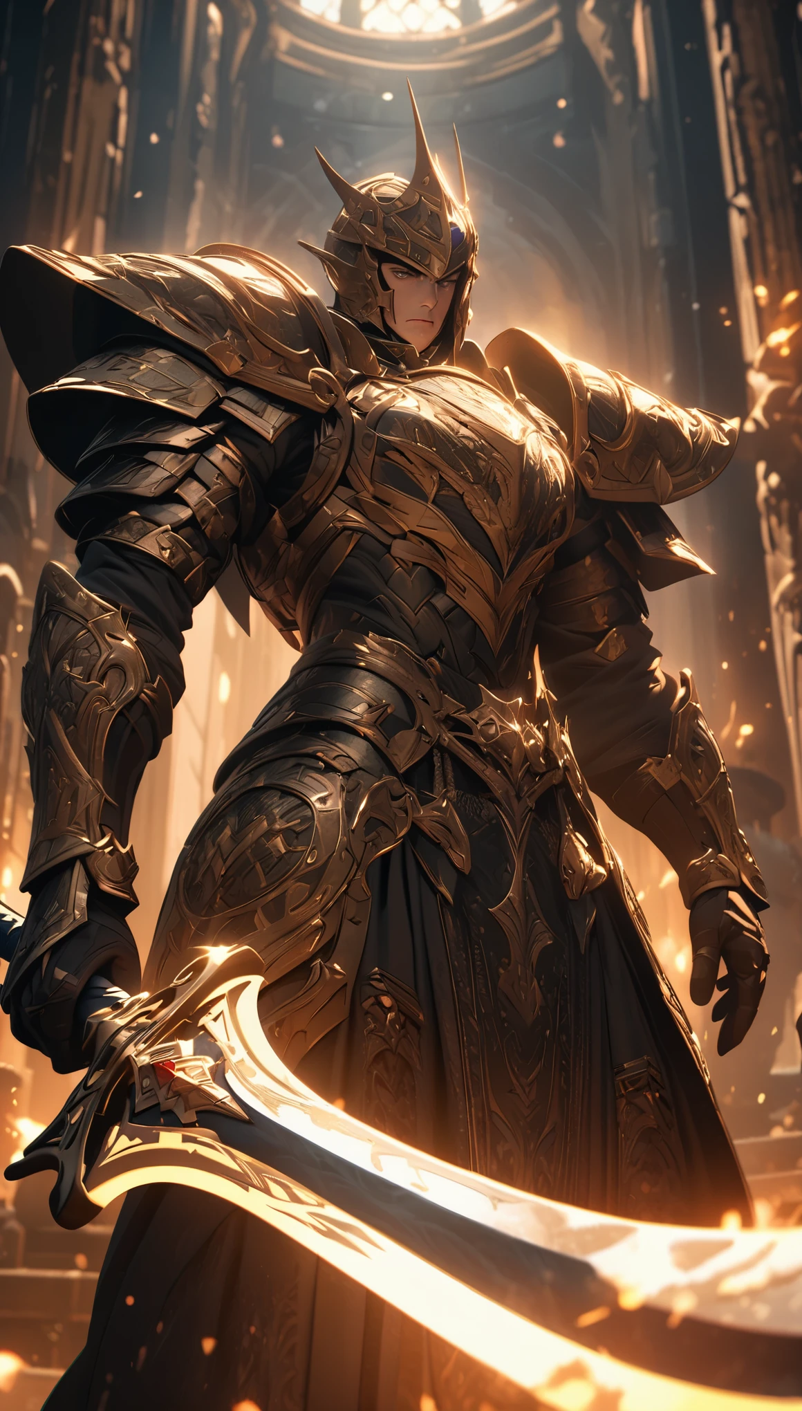 Rich details,warrior,Strong body,Heavy and gorgeous armor,Intricate patterns,Holding a two-handed magic sword,Glowing Effects,8k,Super Fine,high quality,masterpiece,Movie Lighting,cinematic perspective