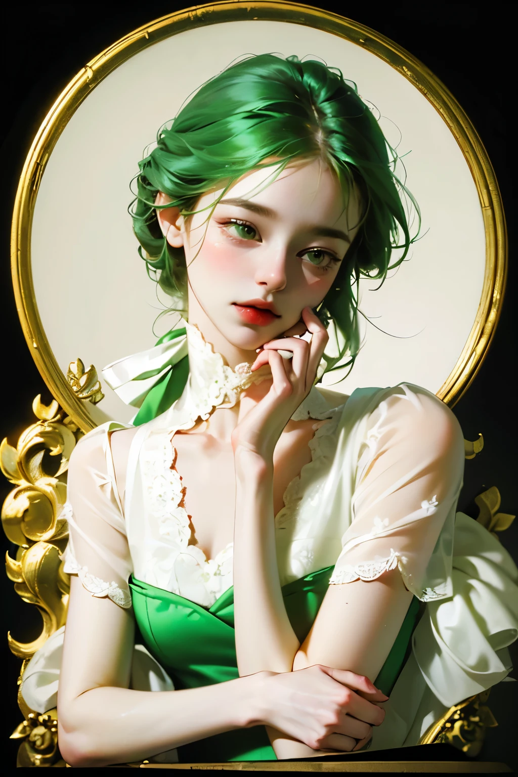 ((High quality work)), Clean and simple lines, The green dress and beautiful ruffled lace complement each other, Enriches the layering of the entire picture, Elegant Edwardian lace dresses and princess dresses add a lot of color to the characters, Gesture with hands behind back , It also shows the gentle and elegant side of women.