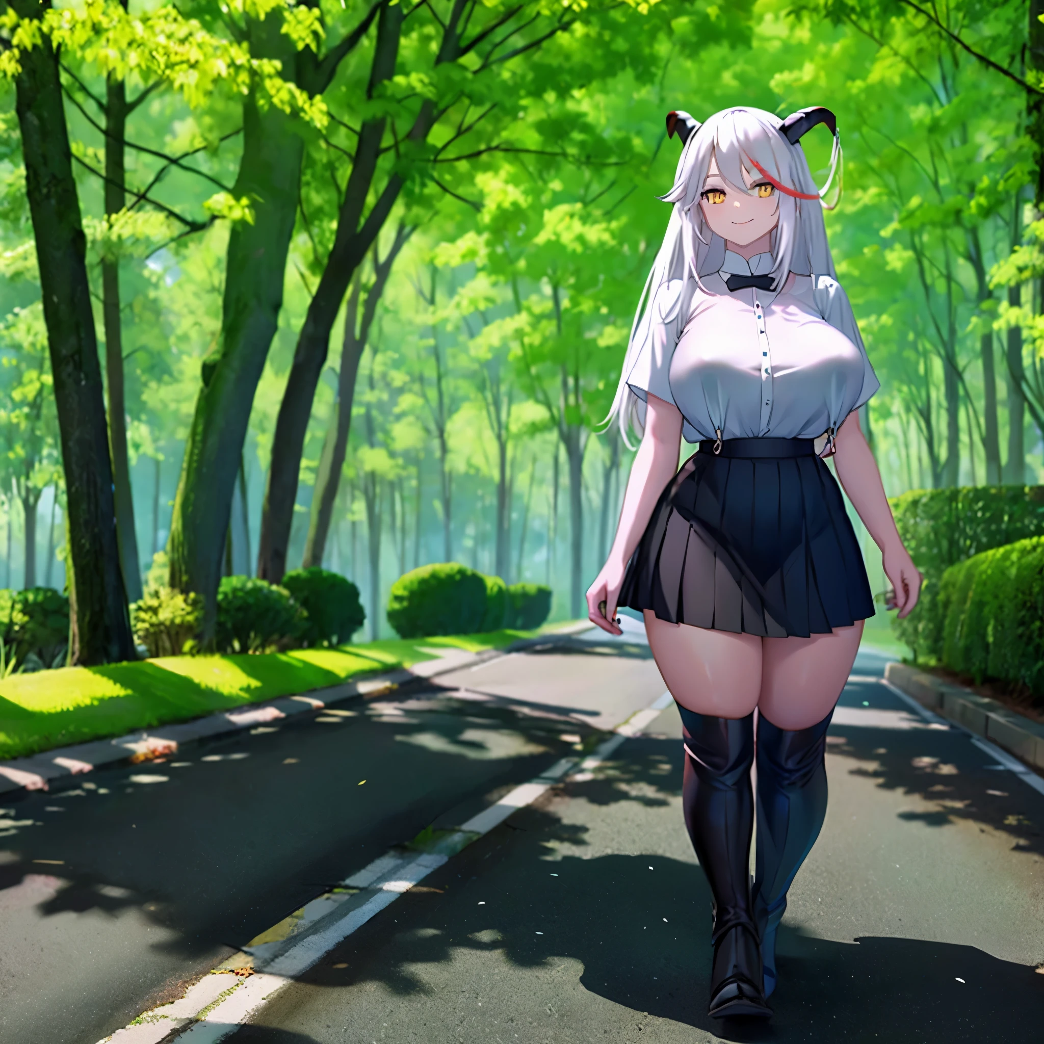 A woman wearing a short black skirt, white shirt, long socks, long boots, long white hair, red bangs, horns, yellow eyes, smiling, walking on a park walk, with a lake in the park, trees, big breasts,HDR, ultra resolution, well defined, masterpiece, 8K HD. (solo woman)
