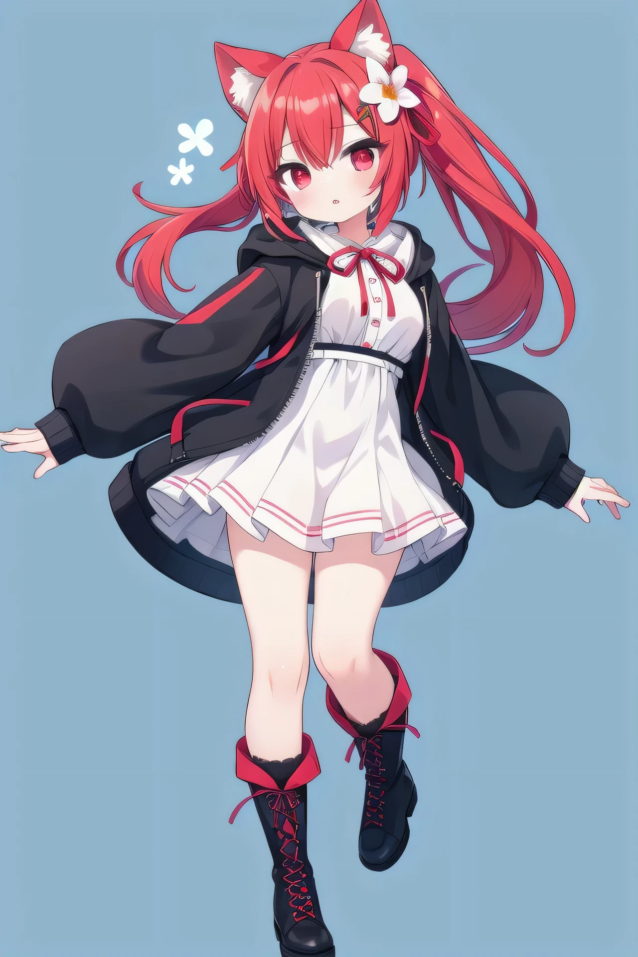 masterpiece, top quality, super detailed, CG illustration, high resolution, better lighting, best shadows, very delicate and beautiful, proper shading, hd, 8k,1girl, solo, long hair, breasts, looking at viewer, bangs,Bloodred hair, simple background, hair ornament, long sleeves, dress, ribbon, animal ears, jacket, full body, hair ribbon, Bloodred eyes, ponytail, flower, red hair, multicolored hair, boots, parted lips, open clothes, socks, hair flower, hood, open jacket, red ribbon, streaked hair, black jacket, animal ear fluff, sleeves past wrists, kneehighs, blue background, knee boots, hood down, black socks, hooded jacket, cross-laced footwear, drawstring, lace-up boots, black dress, black hoodie, black footwear