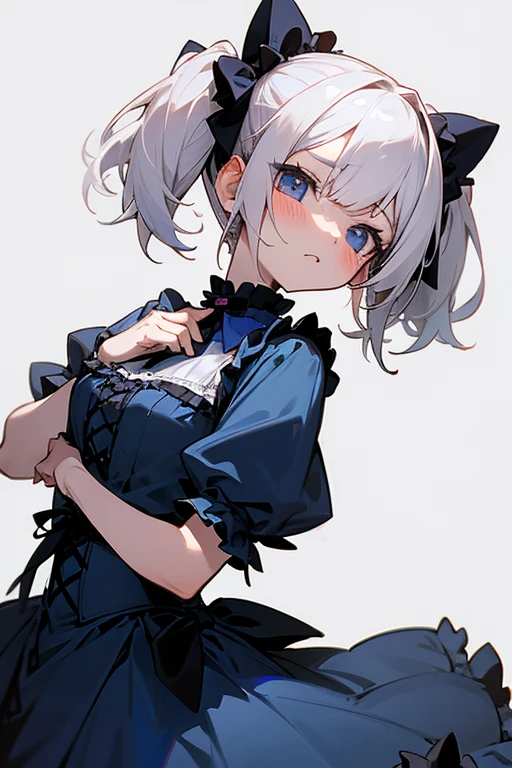 solo, handsome, Watercolor 1. Female,
Straight Bob Hair, black colored hair, 
Blue eyes,Softlook,Lolita,Drooping eyes,black cat ears,
Maid clothes,Off the shoulder,Show Bra,tits,skin,Sexy,smile,
black background,Embarrassed,Cat pose,