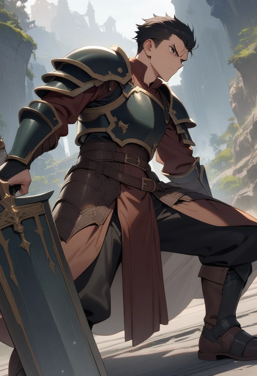 1 male, young swordsman, ready for battle, brave and strong posture, low center of gravity, legs spread firmly, one-handed sword, moderately sized shield, wearing leather armor, glaring, high detail, high definition , fantasy world, road,