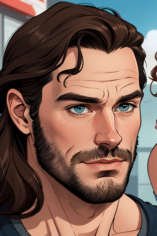 Cartoon style digital illustration portrait mode man in his 30s Henry Cavill with beard and his girlfriend and Geena Davis Cartoon style digital illustration