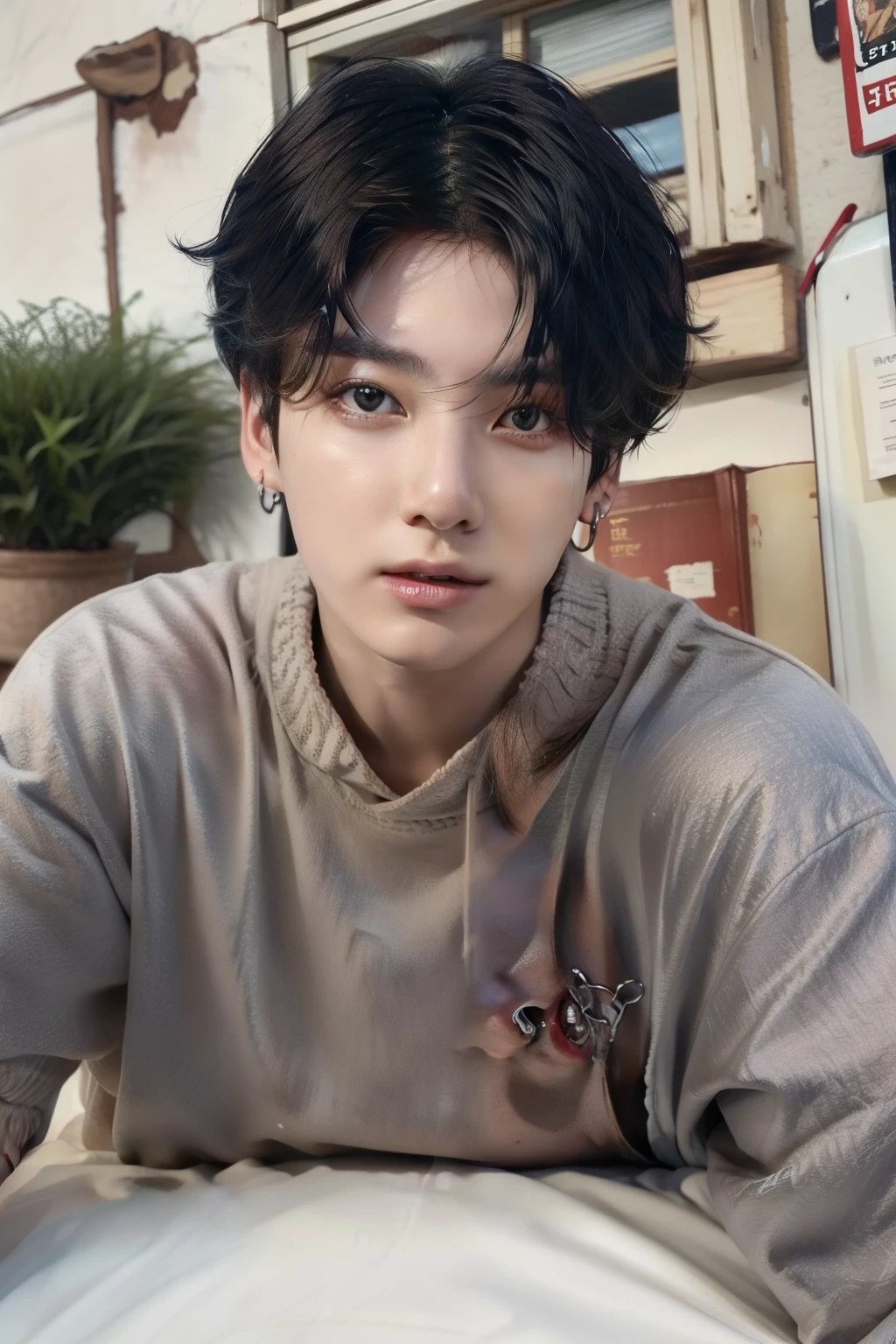 Un joven y lindo chico sentado en una mesa con una cruz en el cuello, Jeon Jungkook, he has short curly brown hair, portrait of Jeon Jungkook, Jungkook grupo BTS, BTS, cara perfecta y delgada, small and profiled nose, foto de frente, Jungkook 1 6 years, Jeon Jungkook, lindo joven, italiano, Jungkook Jeon