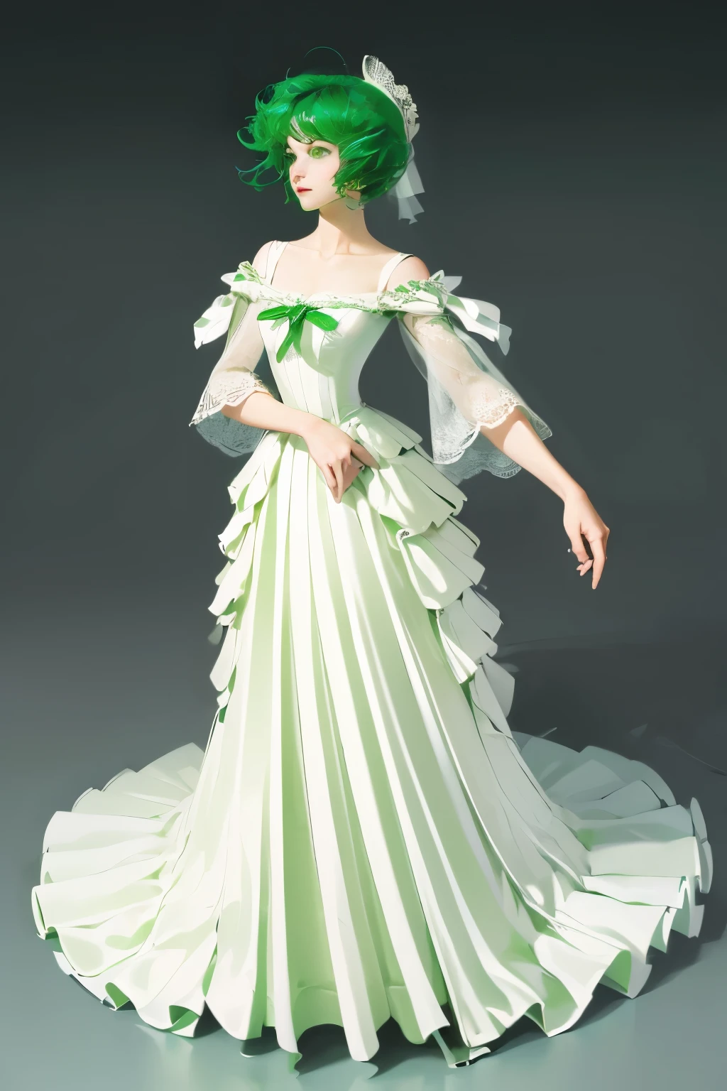 ((High quality work)), Clean and simple lines, The green dress and beautiful ruffled lace complement each other, Enriches the layering of the entire picture, Elegant Edwardian lace dresses and princess dresses add a lot of color to the characters, Gesture with hands behind back , It also shows the gentle and elegant side of women.
