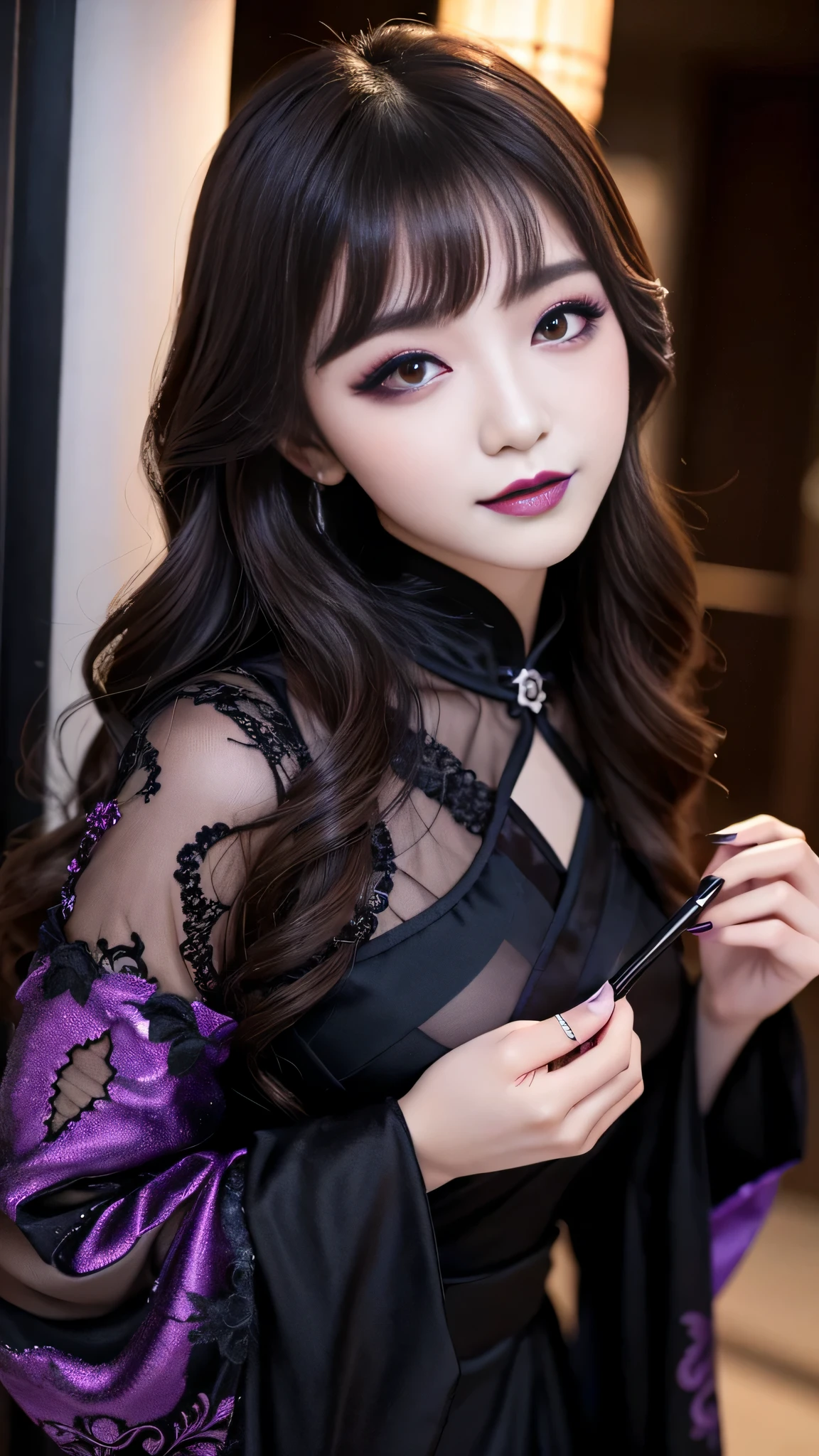 2girls、best quality、ultra-detailed、4k、Japanese、Seductive beauty、seductive adult woman、Pretty Woman、cool girl、Villainess、Brainwashed、brainwash、Fallen into evil、smirk、Evil look、Wicked Smile、evil、Brown hair、wavy hair、swept bangs、dark makeup、dark makeup、piercing eyes、hollow eyes,half-closed eyes、Hollow Eyes、Purple Eyeshadow、black lipstick、black lipglos、Long Black Cheongsam、Wide sleeves、night、Eerie Citadel、makeup brush、Make up、Are standing、