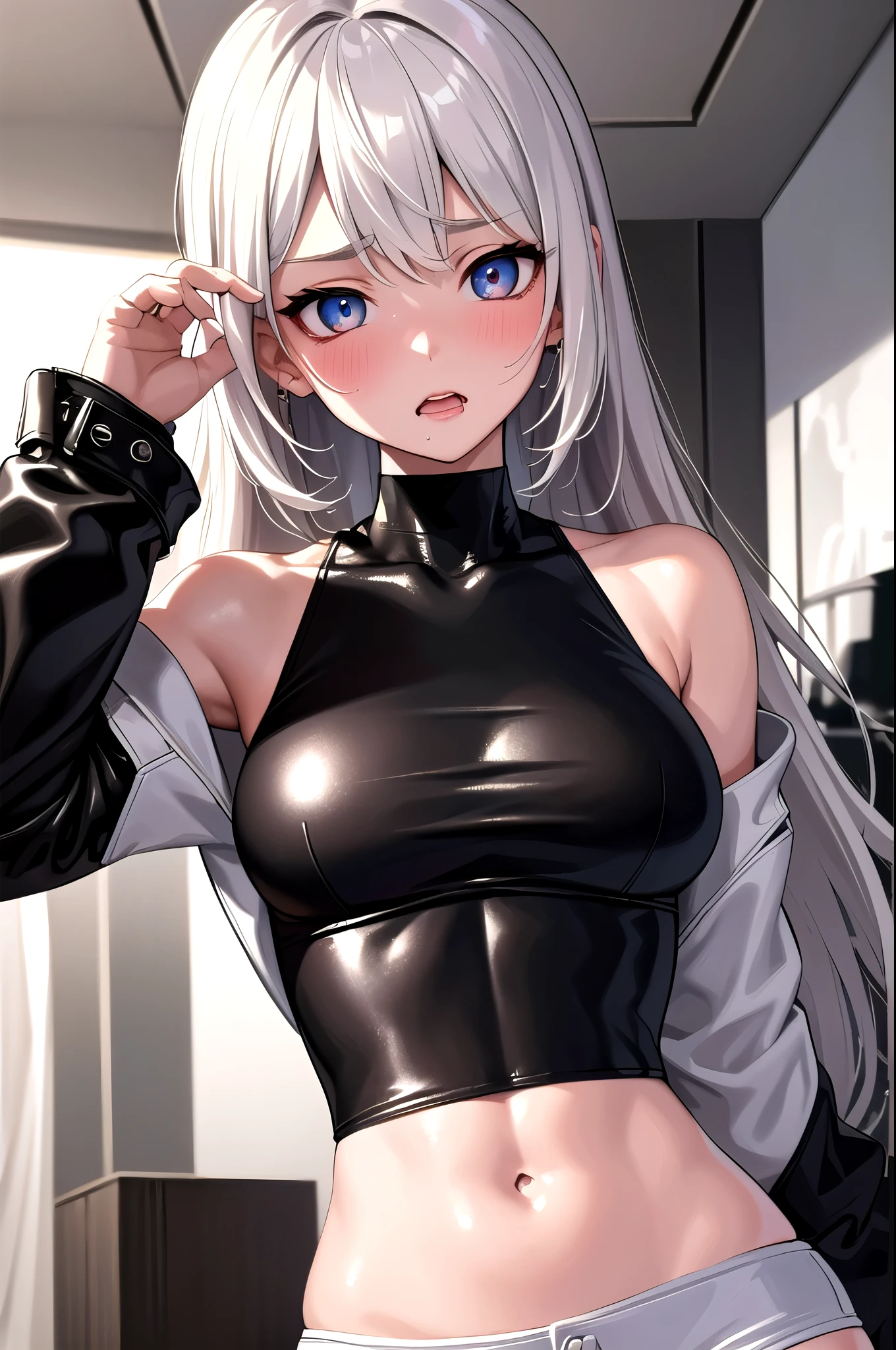 (masterpiece,highest quality, detailed), (Beautiful and beautiful eyes: 1.2), (overhead), Beautiful Face, One girl,White crop top, leather shorts, Oversized leather jacket, Upper Body,  Abdominal muscles,Sweat, Ahegao, Roll your eyes, blush, Drooling,body fluid,indoor, night, 