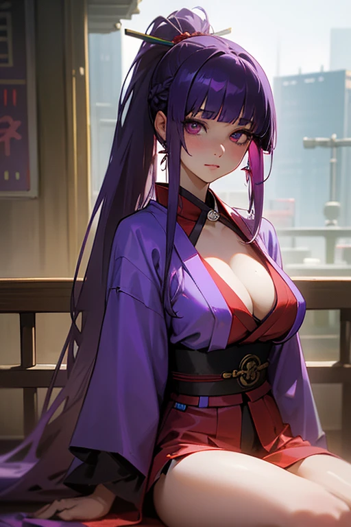 1 girl, Blunt bangs, Braiding, Wide sleeves, hair ornaments, kimono, Red Belt, (Purple Hair:1.2), Very long hair, Straight hair, Looking at the audience, Highly detailed background, (Realistic:1.2), Beautiful Eyes, Red eyeshadow, Written boundary depth,thigh, (Ulzzang-6500:0.7), Upper Body, (alone:1.2), (Cyberpunk City:1.1), Cleavage, Shiny skin、Sit at the bar counselor、Hair blowing in the wind、Please touch your cheeks with both hands..、Touching hair with both hands、ponytail