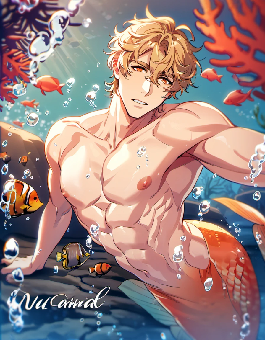 absurdres, highres, ultra detailed, HDR, master piece, best quality, Quincy, blond messy hair, expressive orange eyes, Nu Carnival, solo, sexy merman, handsome, showing the chest, underwater, coral, fish, bubbles