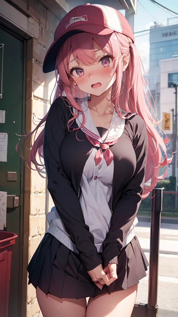 mastute piece,Best Quality,insanely detailed,8k cg,
shoot upper body,
1girl,standing,body in front,looking at viewer,(school uniform:1.3,baseball cap),
blush,shy,(trembling:1.2),pink hair,break,open mouth,large breast,stadium,