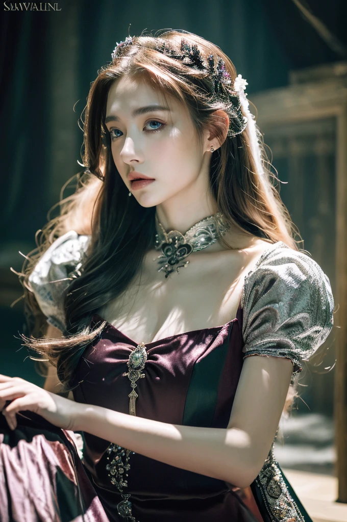 ( masterpiece, top quality, best quality,8k, girl,ultra detailed,raw photo:1.5),(photorealistic:1.4),(cinematic lighting), PerfectNwsjMajic, , Surrealism, UHD, ccurate, Super detail, textured skin, High detail, Best quality, dynamic angle, (high nose,White skin),[Beautiful blue eyes],[flat chest:large breasts:0.5],(1girl),(good anatomy:0.5)), of a woman in a dress with a sword, a beautiful fantasy empress, ((a beautiful fantasy empress)), beautiful fantasy maiden