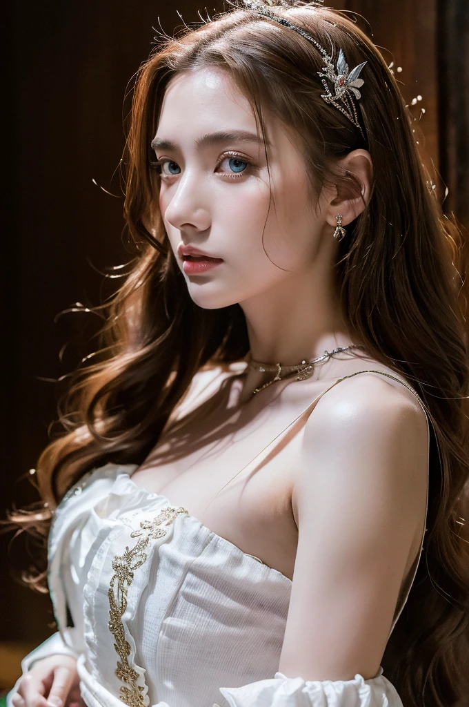 ( masterpiece, top quality, best quality,8k,17 years old girl,ultra detailed,raw photo:1.5),(photorealistic:1.4),(cinematic lighting), PerfectNwsjMajic, , Surrealism, UHD, ccurate, Super detail, textured skin, High detail, Best quality, dynamic angle, (high nose,White skin),[Beautiful blue eyes],[flat chest:large breasts:0.5],(1girl),(good anatomy:0.5)), of a woman in a dress with a sword, a beautiful fantasy empress, ((a beautiful fantasy empress)), beautiful fantasy maiden