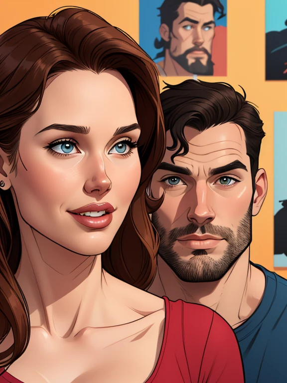 Cartoon style digital illustration portrait mode man in his 30s Henry Cavill with beard and his girlfriend and Geena Davis Cartoon style digital illustration