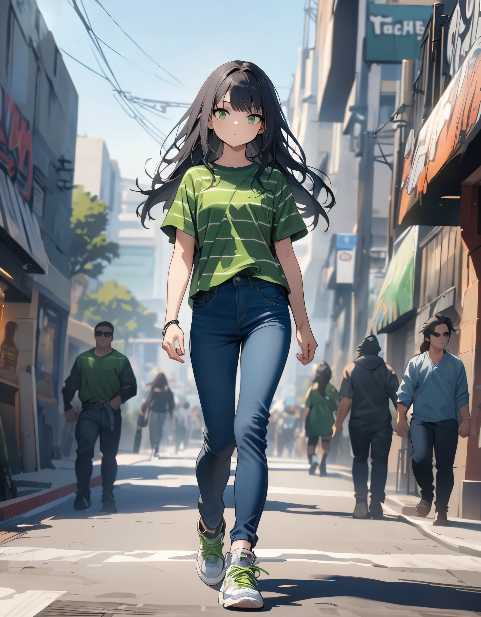 masterpiece, highest quality, solo, solo focus, (perfect face:1.1), (high detail:1.1), 1girl. age 26, street brawler, los angeles street backdrop, (black hair, long hair, right side bangs), green eyes, green striped t-shirt, blue jeans, sneakers, walking, full body shot, cowboy shot
