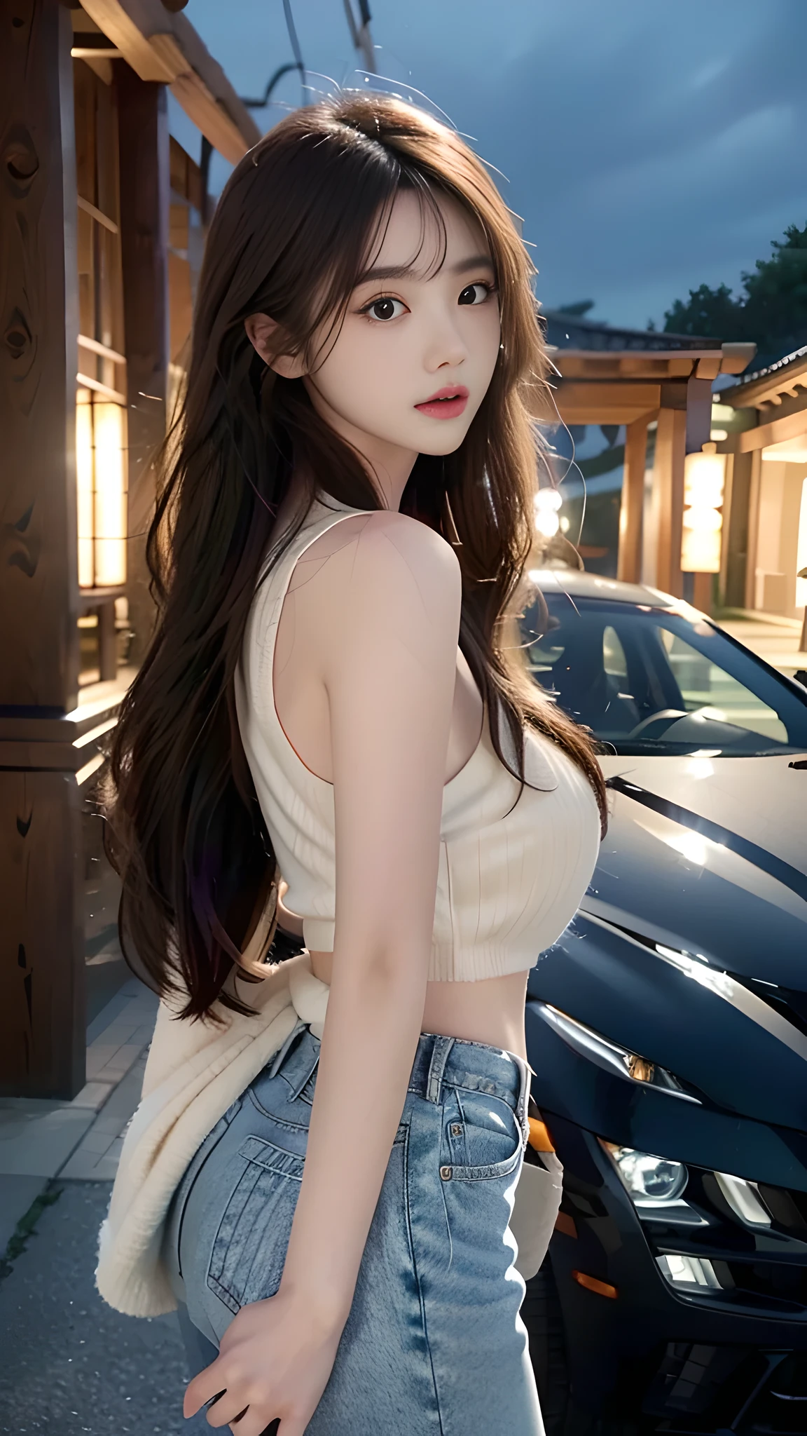 full hd 8k, Girl standing in front of a dark night scene, full moonlight reflecting on her beautiful face. Her long, silky hair was gently blown by the night wind, creating a gentle and romantic feeling. Next to her is a large displacement motorbike, showing her success and class. She looked up at the starry sky, as if searching for something, her eyes showing thoughtfulness and loneliness. The full moon shines in the night sky creating a beautiful scene. The girl has long, silky hair, creating a luxurious and noble beauty. The moonlight shines on the girl's delicate face, highlighting her large, round light brown eyes, creating a natural, gentle beauty. She wore a shirt and short jeans, showing off her seductive and luxurious beauty. Her plumble breasts were exposed, revealing her plumble and extremely sexy breasts. These images capture detailed panoramic portraits and views of the sky and motorcycles. All create a beautiful, wonderful picture that makes people unable to take their eyes off the scene. All of these details are depicted clearly and sharply,