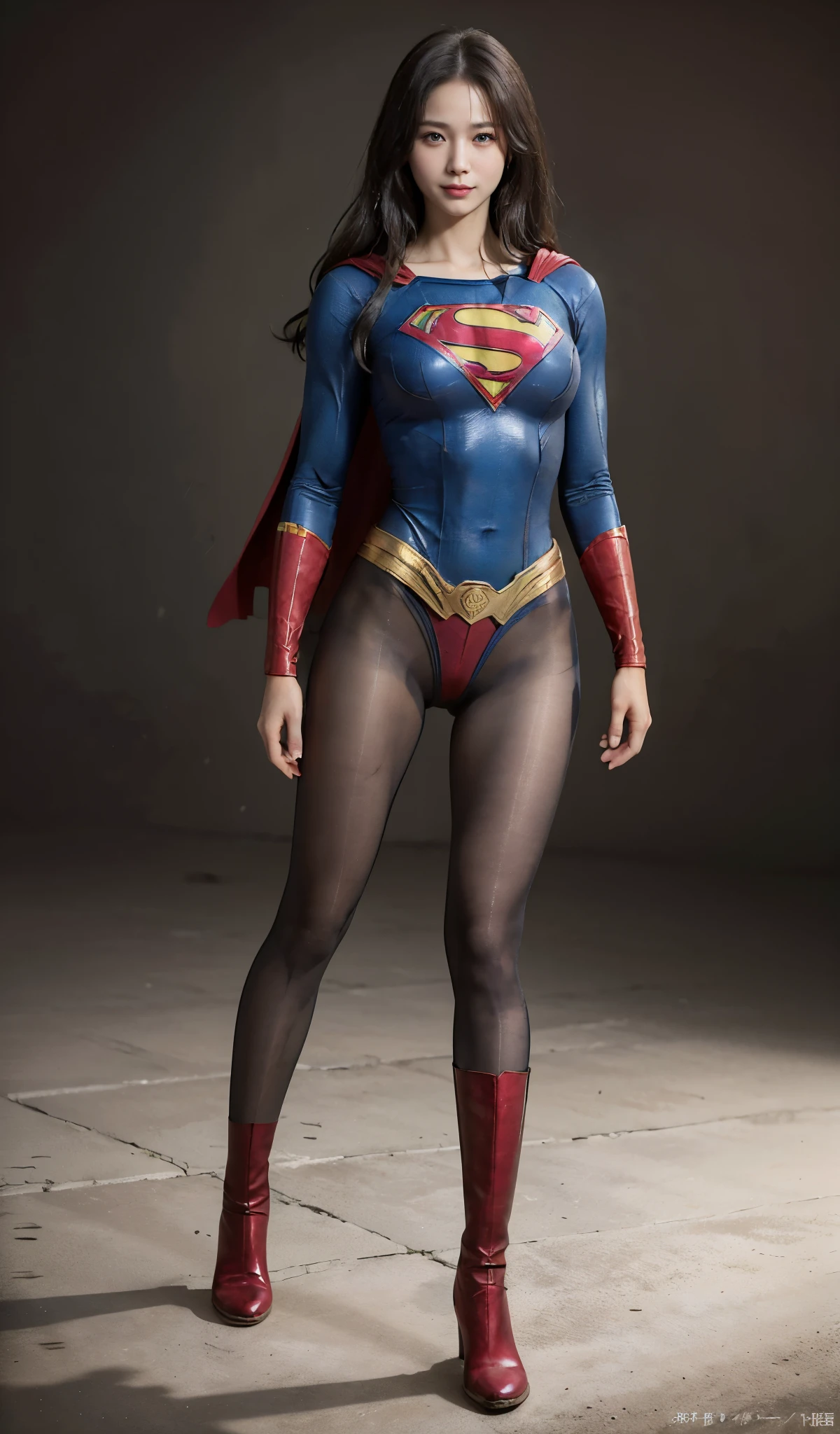 No background、(((Beautiful legs in black tights.)))、(((Legally express the beauty of your smile)))、((((Make the most of your original images)))、(((Supergirl Costume)))、(((Beautiful Hair)))、(((suffering)))、(((Please wear black tights....、Wear red boots)))、((Best image quality、8K))、((highest quality、8K、masterpiece:1.3))、(((Preserve background )))、Sharp focus:1.2、Beautiful woman with perfect figure:1.4、Thin abdominal muscles:1.2、Wet body:1.5、Highly detailed face and skin texture、8K