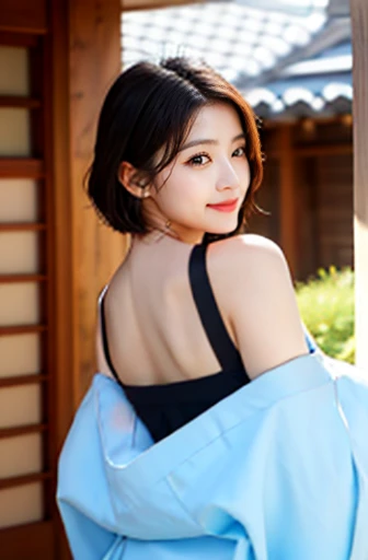 8K、highest quality、High resolution、Masterpiece、18-year-old、Japan person's skin tone、Japanese body type、Korean Beautiful Girl、kimono、smile、Black Hair、short hair、glamorous、(shapely milk:1.2)、(big breasts:1.2)、(Tight waist:1.2)、(Big Ass:1.2)
