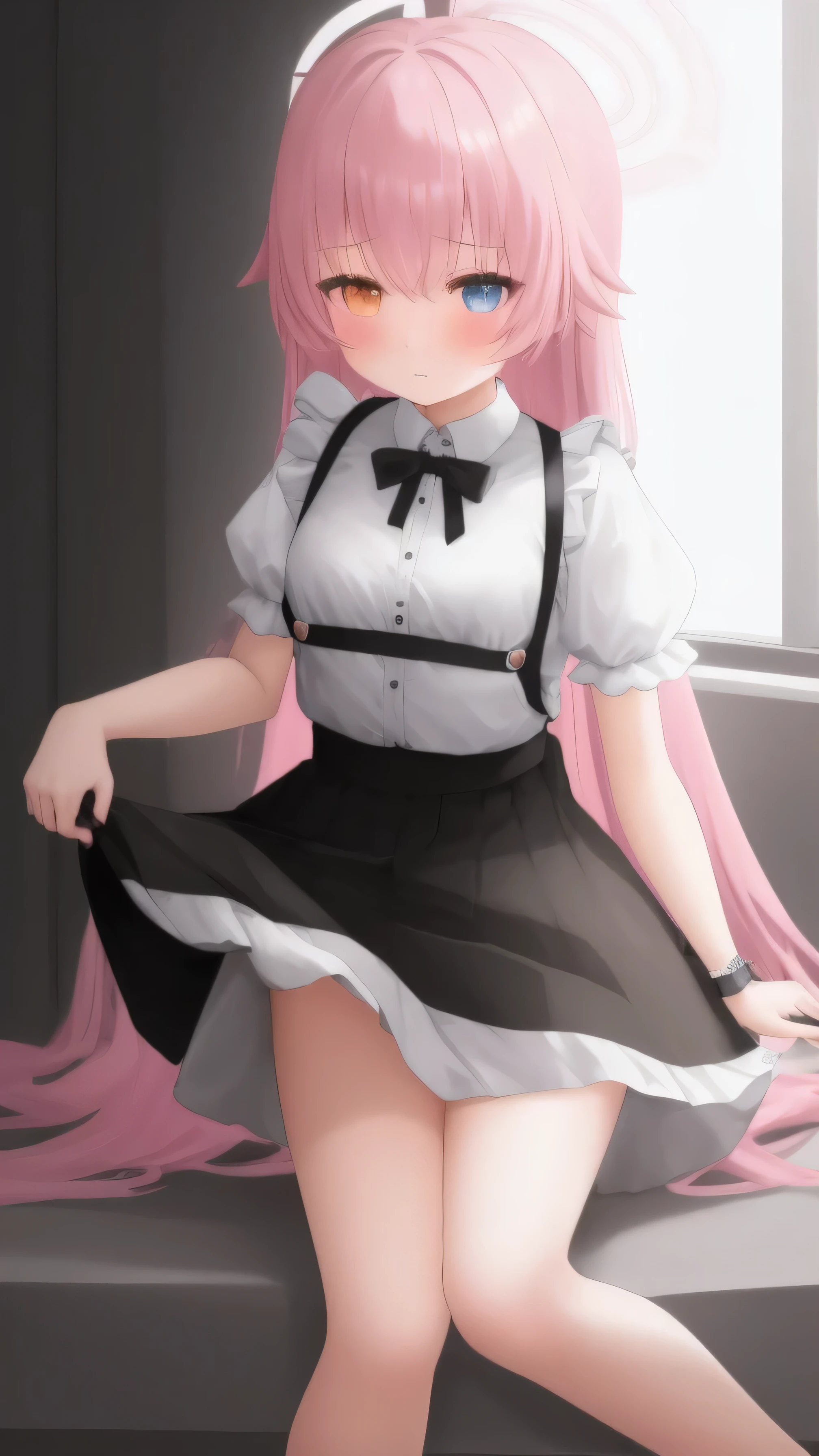 1 girl, , Solitary, lift your legs, Long hair, skirt, Pink_hair, maid_have, watch_take a step back, watch_Shown in_Look at the audience, By Bangs, Black_lift your legs, Blushed, Black_skirt, he himself, short_sleeve, clothing_lift, wrist_cuff, decorate, skirt_lift, Big deal_, lifted_Pasado_Self-expression, Translucent liquid from_Shown in the back, maid, Fluffy_short_sleeve, Side lock, Fluffy_sleeve, crops_top, blunt_By Bangs, , awago outh, Big deal腿, Black_have eyes, chair, Kneel down, Frilly_skirt, _go out, Shown in indoors, window, Not wearing，Not wearing underwear，