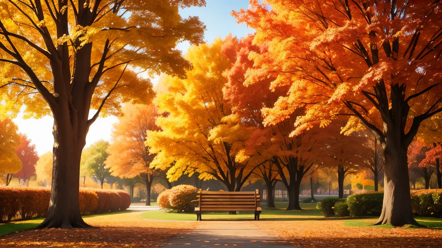 there is a bench that is sitting in the middle of a park, autumn season, orange color autumn, during autumn, autumnal, autum, fall season, hello, autumn! colors, in autumn, in the autumn, autumn background, fall, autum garden, hd wallpaper, beautiful high resolution, autumn leaves falling, beginning of autumn, header