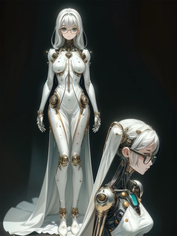 5 8K UHD,
 two beautiful robot women with exposed internal skeletons in silver metallic bespectacled bodies kneeling,
 Gold and silver metal robot with transparent cleared glass exoskeleton, naked, the face is a beautiful human face.