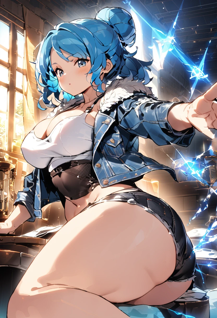 8k_wallpaper, extremely detailed eyes, extremely detailed body, (large masterpiece digital art), (detailed manga illustration), (detailed line art), ((perfect anatomy)), (intricate details:1.3), (ultra-detailed:1.3), (illustration:1.3), (sharp focus:1.3), (natural lighting:1.05), (vivid colors:1.3), (masterpiece), best quality, expressive eyes, perfect face, 1 girl, breasts, cleavage, gloves, large breasts, casual clothes, white shirt, tee shirt, denim jacket, jacket, {blue hair}, medium hair, wavy hair, (gray eyes), hourglass physique, alluring outfit, black denim shorts, shorts, dynamic pose, Huge ass, dynamic lighting, beautiful esd_woman, curvy, fur trim, hair bun,