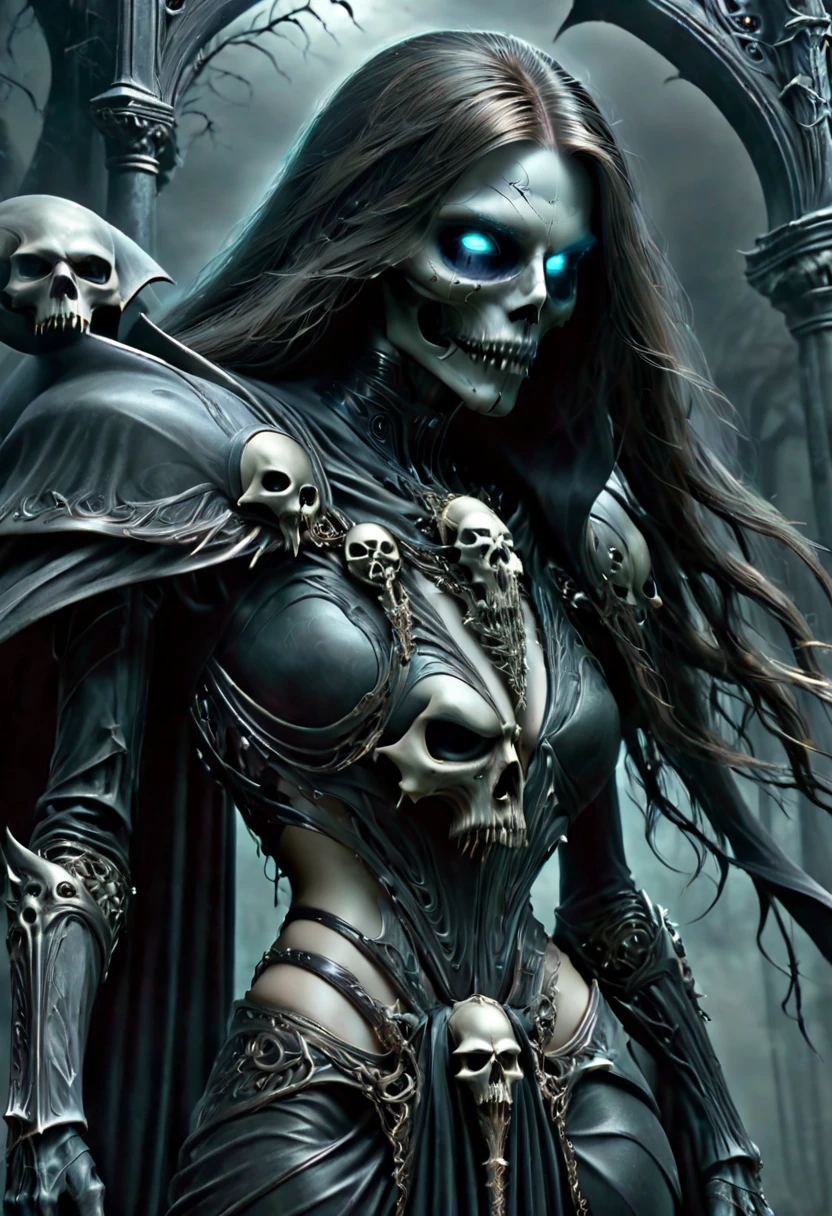 True Grim reaper, death, mostly skeletons face, mostly skeletons body, realistic undead skull, curved lips, Florence eyes, gorgeous seductive body, seductive pose,