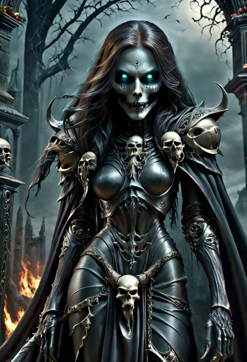 True Grim reaper, death, mostly skeletons face, mostly skeletons body, realistic undead skull, curved lips, Florence eyes, gorgeous seductive body, seductive pose,