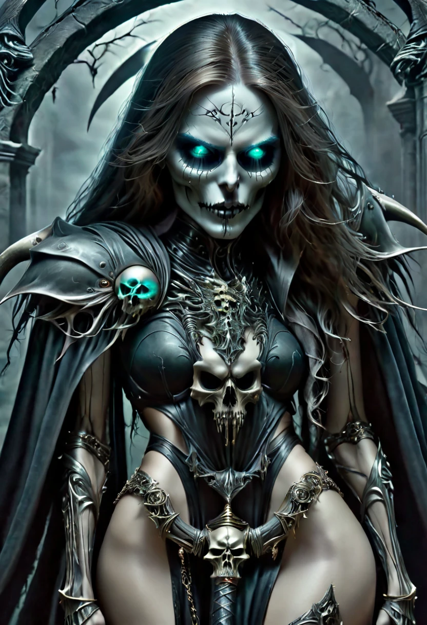 True Grim reaper, death, mostly skeletons face, mostly skeletons body, realistic undead skull, curved lips, Florence eyes, gorgeous seductive body, seductive pose,