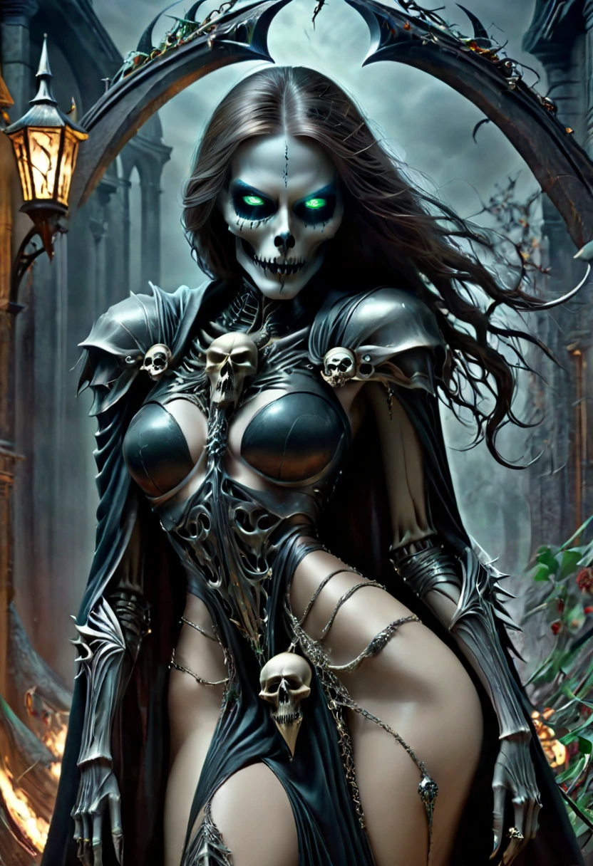 True Grim reaper, death, mostly skeletons face, mostly skeletons body, realistic undead skull, curved lips, Florence eyes, gorgeous seductive body, seductive pose,