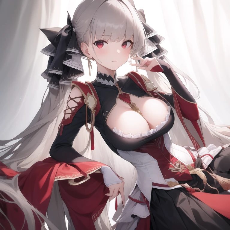 (masterpiece, Best quality1.2),illustration,8k,HD,1 Girl,Solitary,Upper Body,(portrait:1.2),long_hair,Large target_breast,Red_Eye,Very_long_hair,Bangs,Double tail,ribbon,grey_hair,cleveage,hair_ribbon,Two-color_ribbon,between_breast,Black_skirt,skirt,decorate,only_Shoulder,Frilly_skirt,long_sleeve,Two-color_skirt,jewelry,earrings,