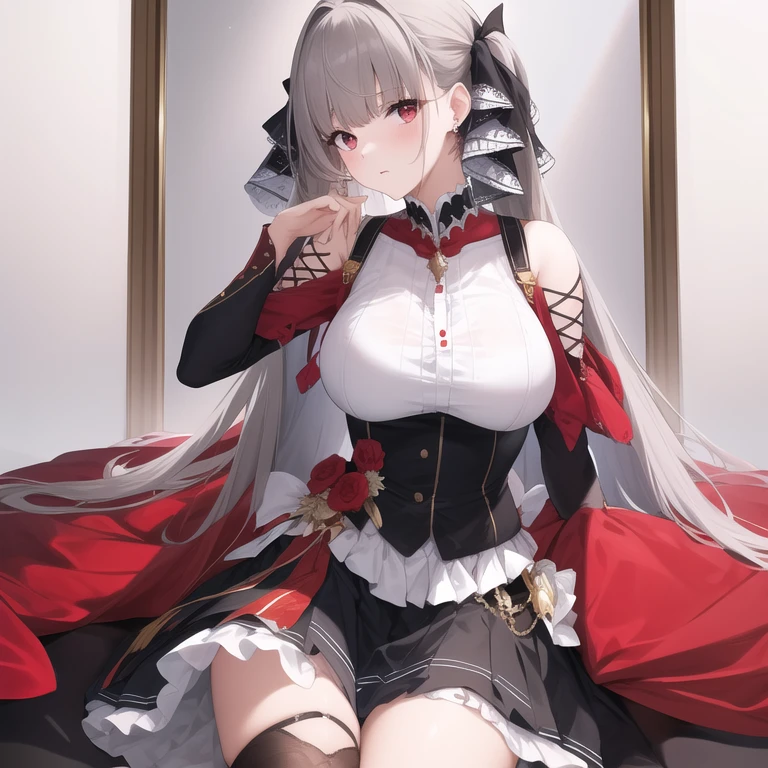 (masterpiece, Best quality1.2),illustration,8k,HD,1 Girl,Solitary,Upper Body,(portrait:1.2),long_hair,Large target_breast,Red_Eye,Very_long_hair,Bangs,Double tail,ribbon,grey_hair,cleveage,hair_ribbon,Two-color_ribbon,between_breast,Black_skirt,skirt,decorate,only_Shoulder,Frilly_skirt,long_sleeve,Two-color_skirt,jewelry,earrings,