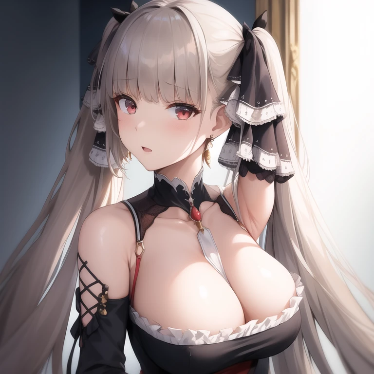 (masterpiece, best quality1.2),illustration,8k,hd,1girls,solo,upper body,(portrait:1.2),long_hair,large_breasts,red_eyes,very_long_hair,bangs,twintails,ribbon,grey_hair,cleavage,hair_ribbon,two-tone_ribbon,between_breasts,black_dress,dress,frills,bare_shoulders,frilled_dress,long_sleeves,two-tone_dress,jewelry,earrings,