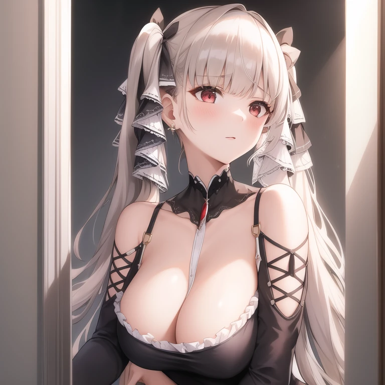 (masterpiece, best quality1.2),illustration,8k,hd,1girls,solo,upper body,(portrait:1.2),long_hair,large_breasts,red_eyes,very_long_hair,bangs,twintails,ribbon,grey_hair,cleavage,hair_ribbon,two-tone_ribbon,between_breasts,black_dress,dress,frills,bare_shoulders,frilled_dress,long_sleeves,two-tone_dress,jewelry,earrings,