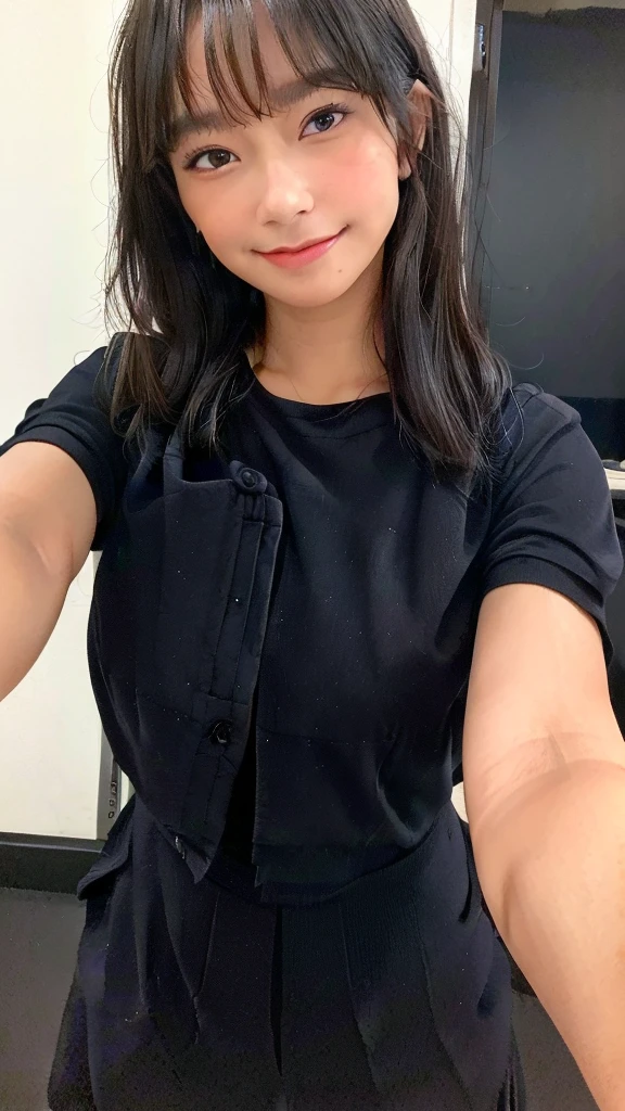 black shirt, cowboy shot, masterpiece, beautiful, (1girl, freya jkt48, lips, black eyes, closed mouth, smile, photorealistic:1.3), looking at viewer, nude, huge breast, proportional size breast, bathroom, ((Best quality, 8k,low pov, tight office suit, Masterpiece :1.3))