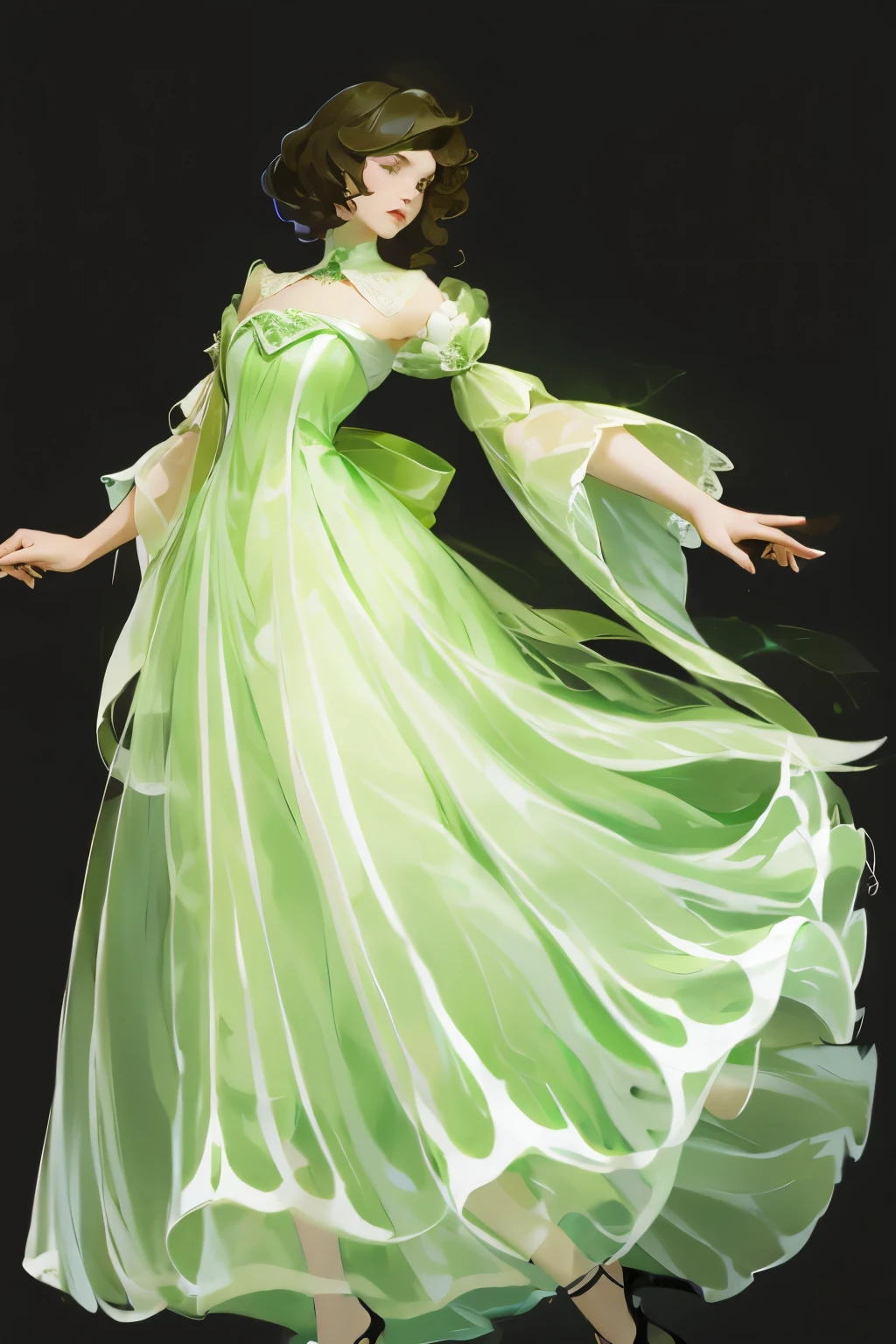 ((High quality work)), Clean and simple lines, The green dress and beautiful ruffled lace complement each other, Enriches the layering of the entire picture, Elegant Edwardian lace dresses and princess dresses add a lot of color to the characters, Gesture with hands behind back , It also shows the gentle and elegant side of women.