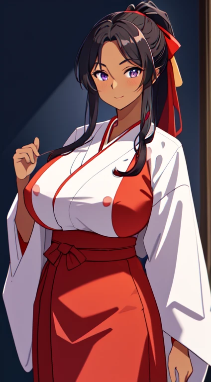 masterpiece, best quality, anime Illustration, 4k, 1 girl, solo, standing, long hair, black hair, violet eyes, high ponytail, red hair ribbon, red ribbon, red hakama and white kimono, thin fabric, nipples, erect nipples, big breasts, huge breasts, looking_at_viewer, motherly smile, upper_body, dark skin, ((Village background:1.0)), ((dark skin: 1.5)), , ((parted bangs: 1.4)),  parted bangs, large forehead, purple eyes, red hakama