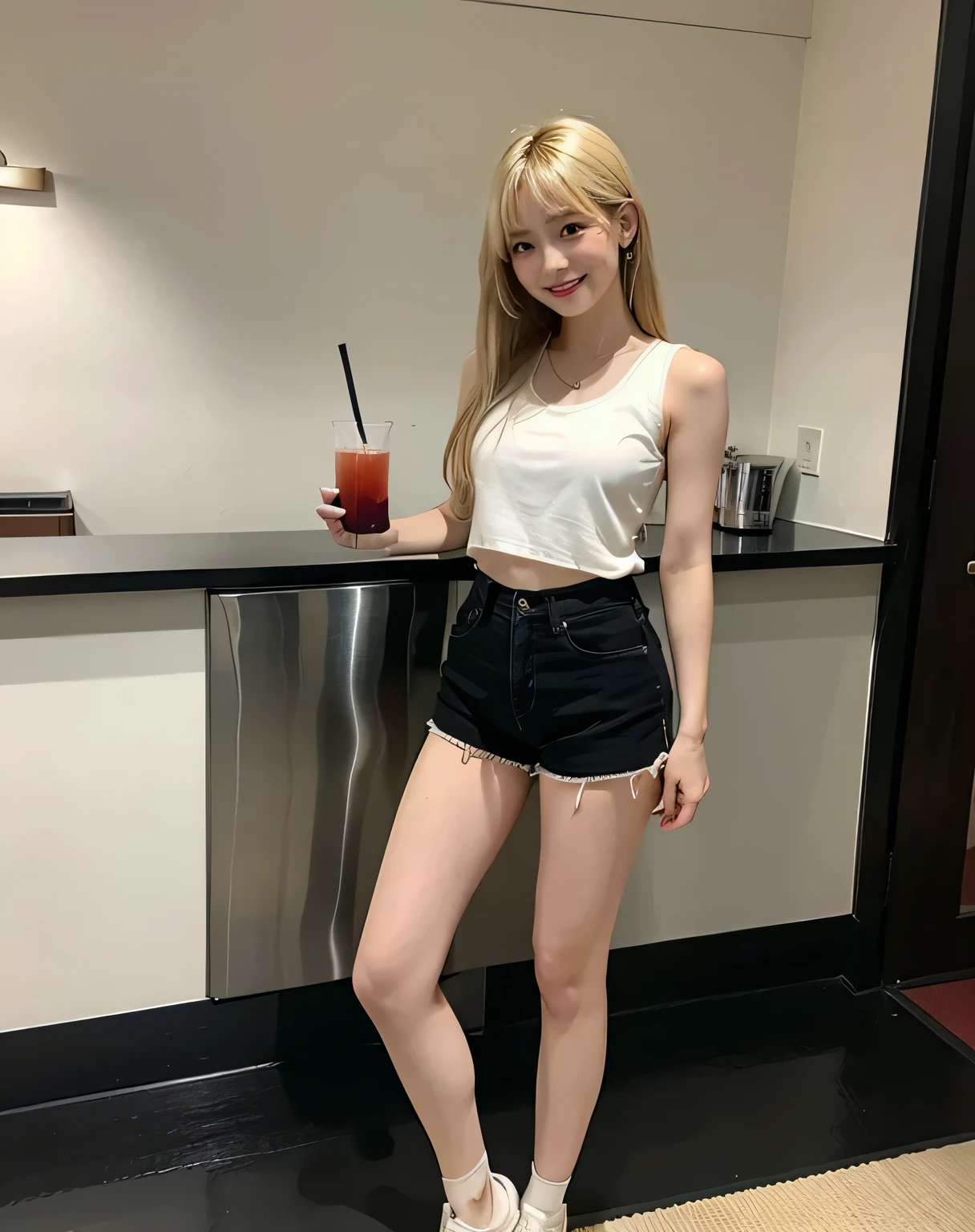 (masterpiece, best quality, 8k, RAW photo, beautiful and aesthetic:1.2),complex detail,ultra-detailed,(realistic skin), (((full body is in the frame))),(japanese woman, young, 22 years old, alone:1.3), ((tank top, sleeveless, color white, short)), (( color black, shorts, damage:1.2)), smile, (long hair, dark hair, blonde:1.2)、Are standing、whole body、Drinks are served at the bar counter、The background is a lively bar