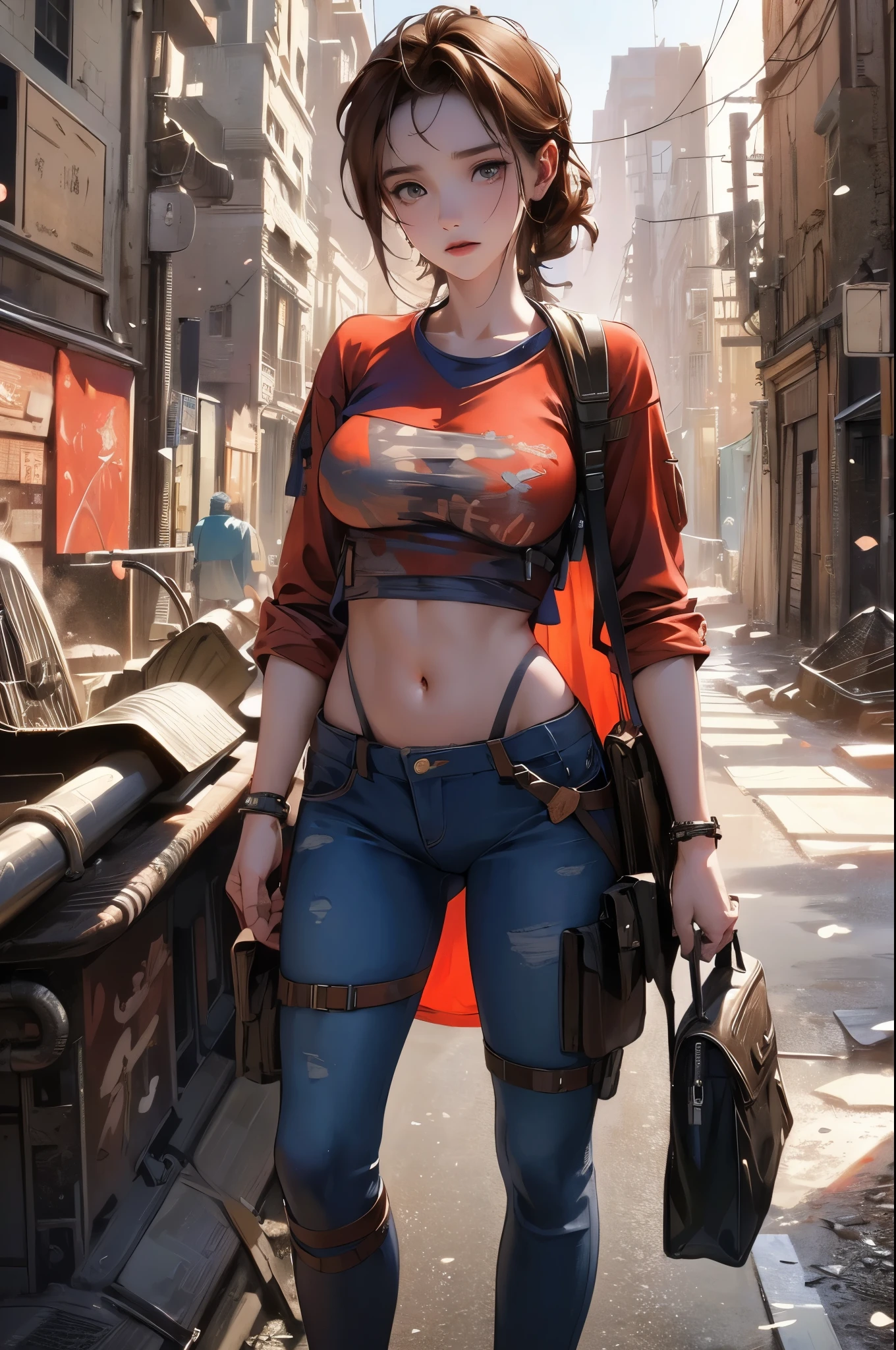 ((wide angle image)), beautiful female veteran, black hair in a ponytail, bangs, wearing large glasses, covering a wound, injured, smiling confidently, (((wearing a white military tank top, layered with a ww2 Oversized military shirt , wearing ww2 military pants Oversized, Off shoulders, Distressed, worn-out))), on the ww2 battlefield