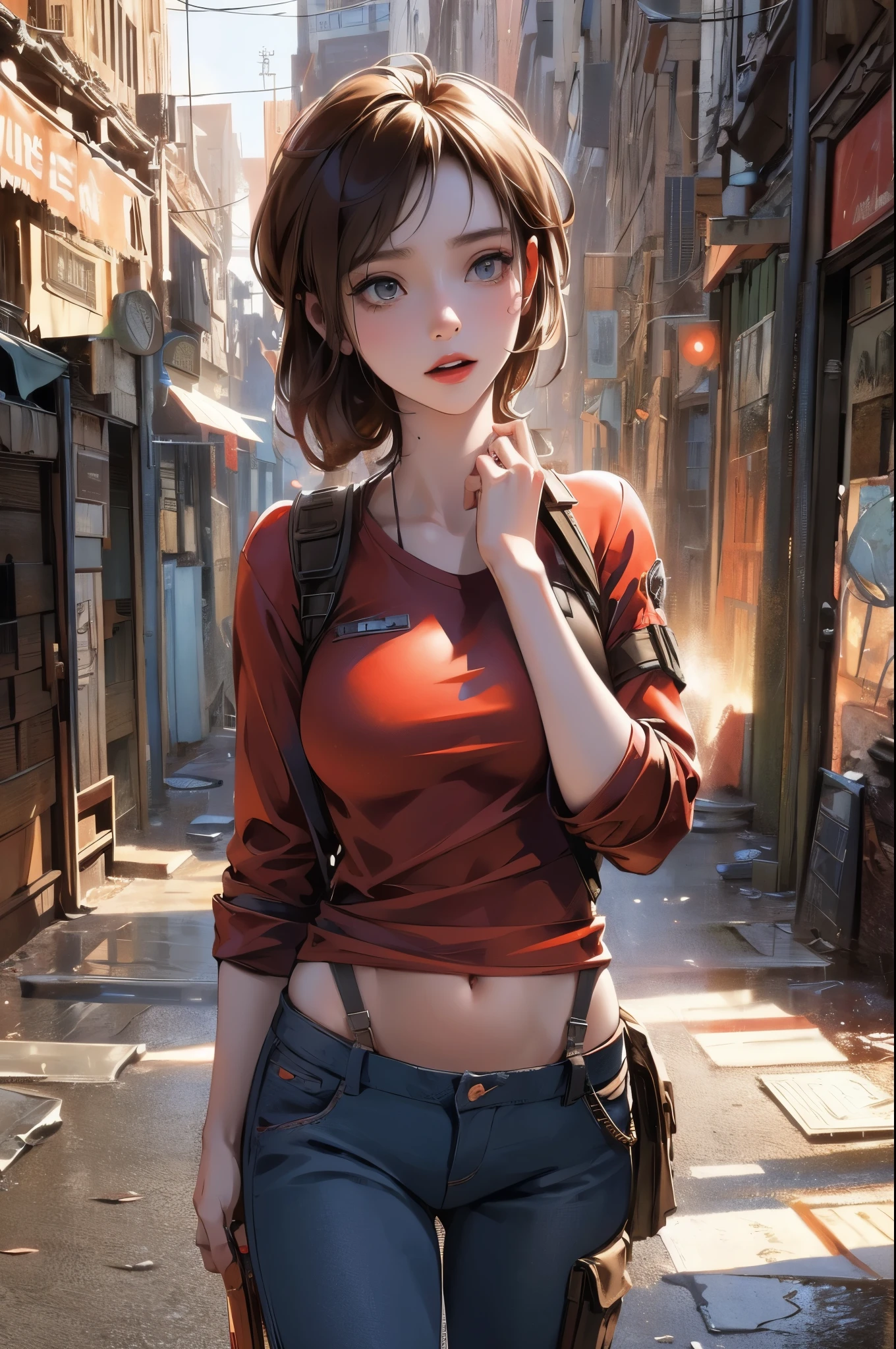 NSFW, Masterpiece, 1.4 Top Image 4K, Ellie The Last Of Us, Brown Hair, Red Shirt, Dark Blue Pants, Rendering In An Apocalyptic City, Showing Panties, Ultra Realistic, 4K Wallpaper, EnvyBetterHands LoCon.