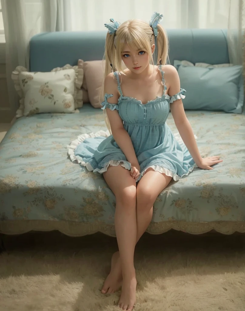 Marie Rose,blonde hair with two pigtails, light blue eyes, beautiful face, wearing a short, sensual dress, sitting on the edge of a bed, showing her legs