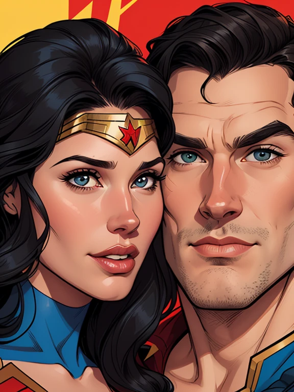 Cartoon style digital illustration portrait mode man in his 30s Henry Cavill with beard and his girlfriend actress Geena Davis Cartoon style digital illustration with the information of Superman and Wonder Woman 