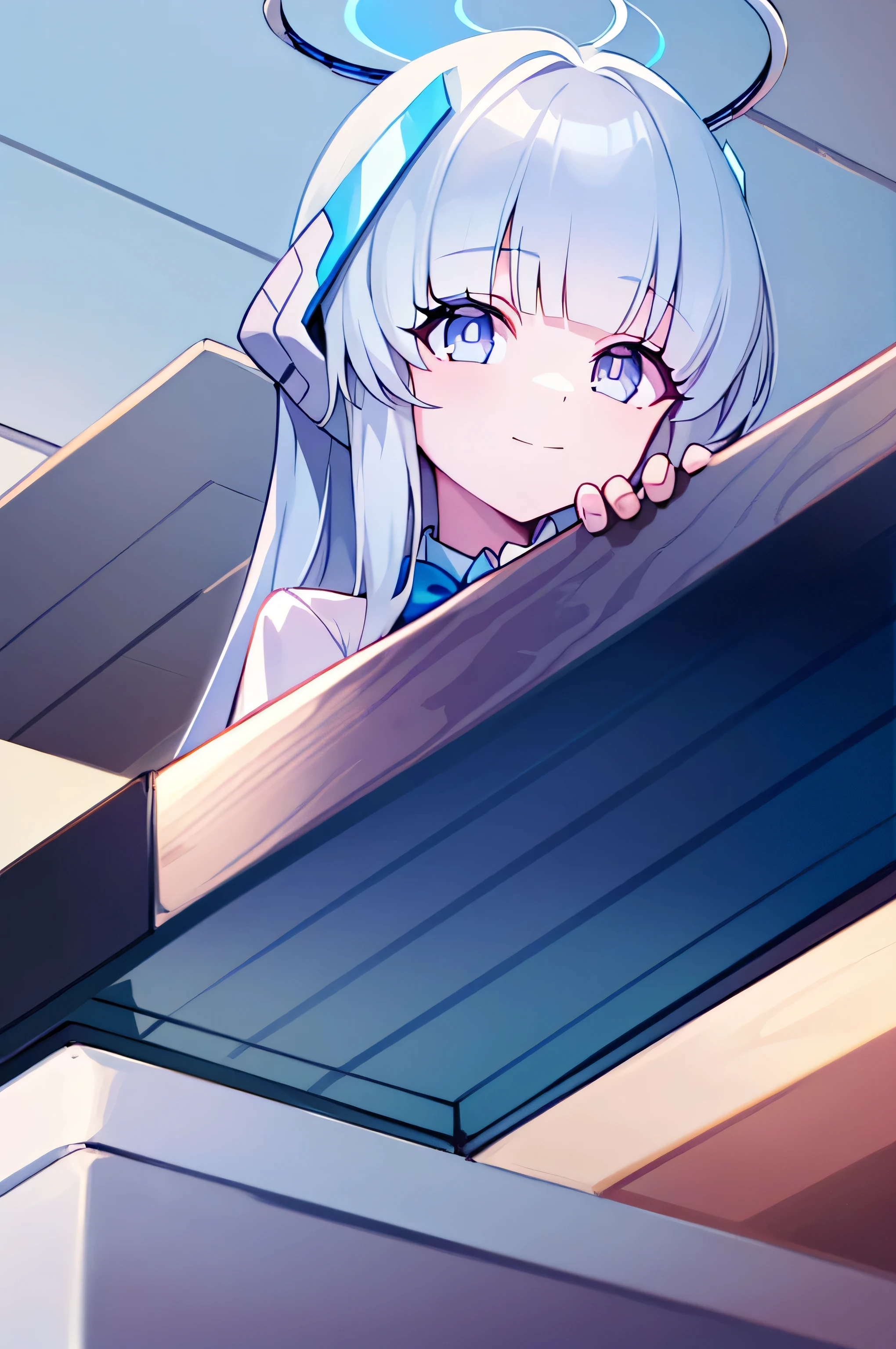 detectivelunch break, Smile, short hair, Bangs, blue eyes, shirt, Hair accessories, Long sleeve, skirt, bow, white hair, hairpin, blunt Bangs, bowtie, red bow, x Hair accessories, red bowtie, lunch break, (Medium chest:1.2), rest looking at viewer, rest outside, rest (masterpiece:1.2), best quality, high resolution, Unified 8K wallpaper, (illustration:0.8), (Beautiful and delicate eyes:1.6), extremely detailed face, Perfect lighting, Extremely detailed CG, (Perfect hands, Perfect anatomical structure),
